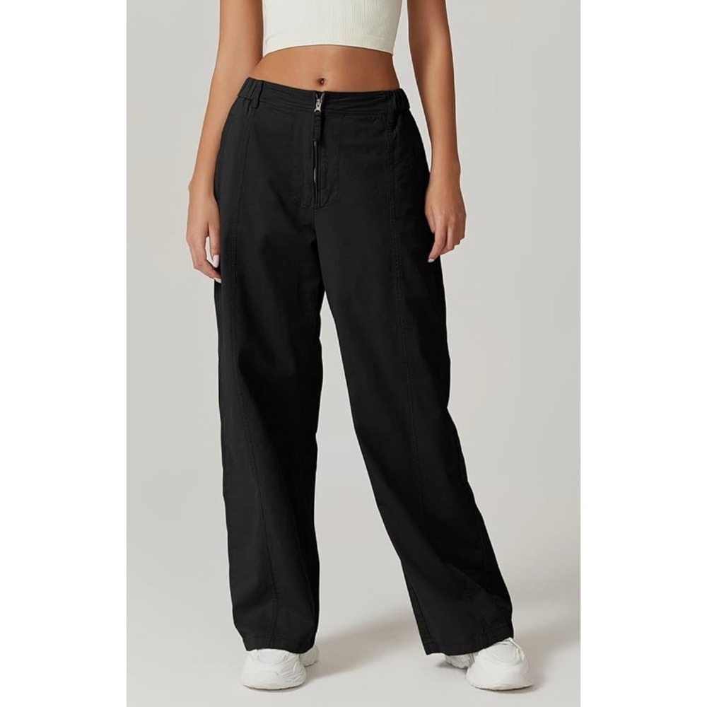 Womens Black Wide‎ Leg Palazzo Pants 100% Cotton High Waist Relaxed Fit Size M